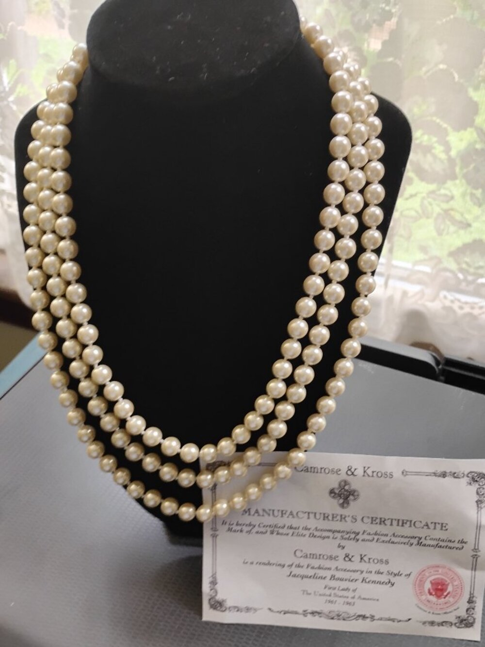 Camrose and Kross Jackie Kennedy three strand faux pearl necklace. - Picture 3 of 5
